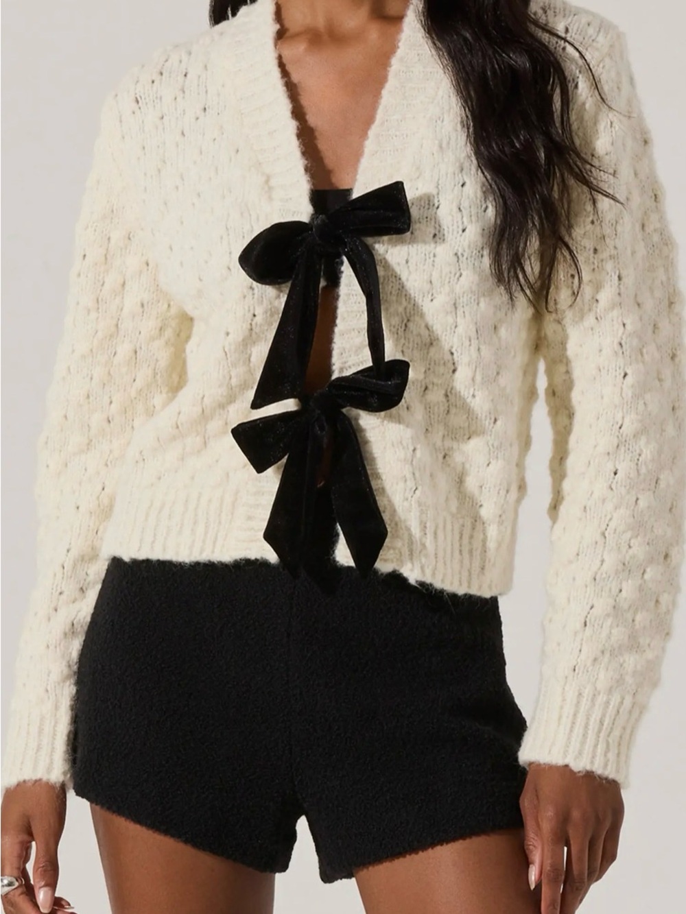 Ivory Knit Cardigan with Black Velvet Bow Closures
